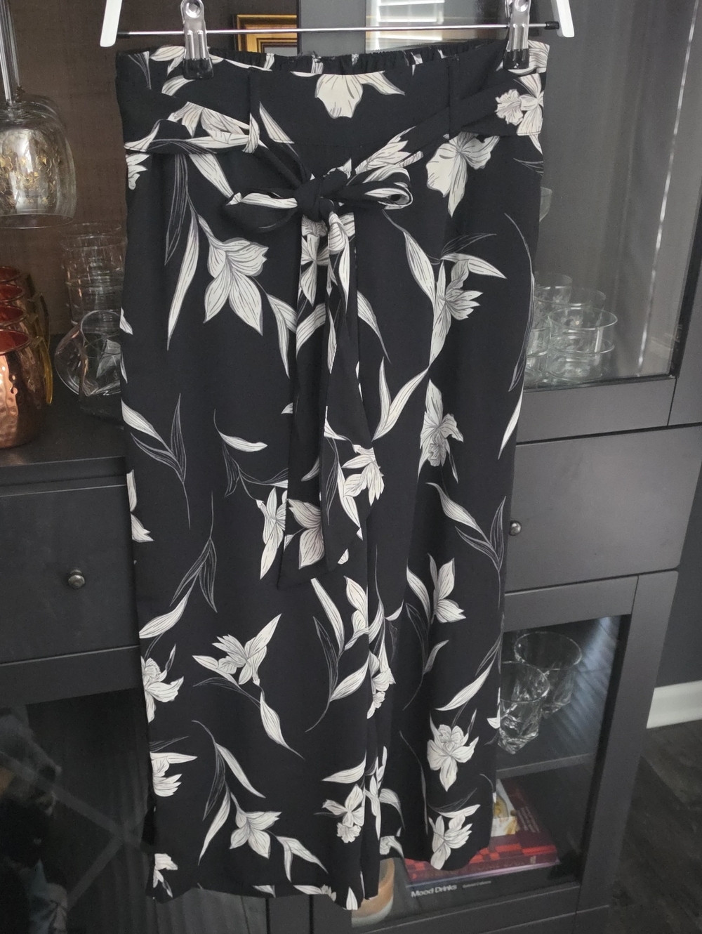 a new day Black Wide Leg Pants with White Floral Print